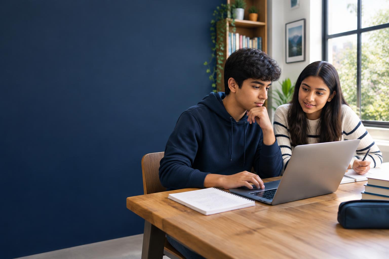 Two students studying together with a laptop and notebook